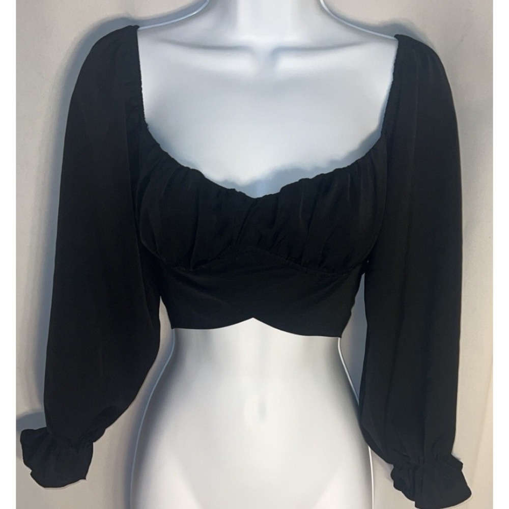 Black Off-Shoulder Long Sleeve Ruched Crop Top Small Y2K